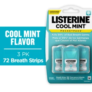 Listerine Cool Mint PocketPaks Oral Care Breath Strips, Breath Spray Alternative, 24 Ct, 3 pack